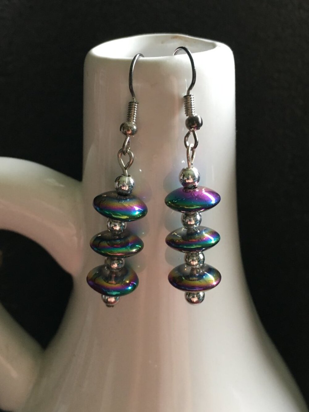 Iridescent Rainbow Disc Bead Dangle Earrings